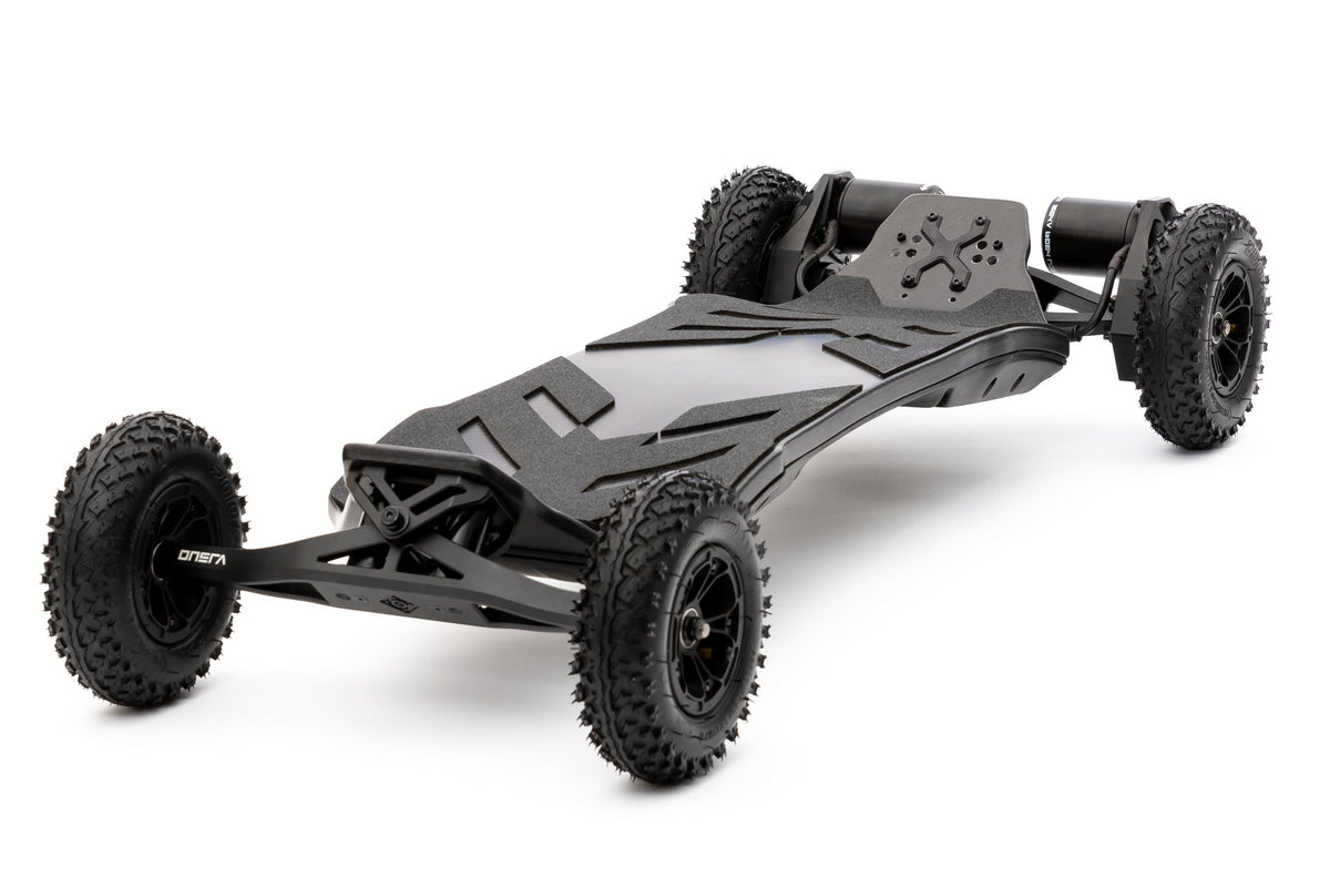 Black ONSRA VELAR all-terrain electric skateboard with pneumatic tires, studio side view