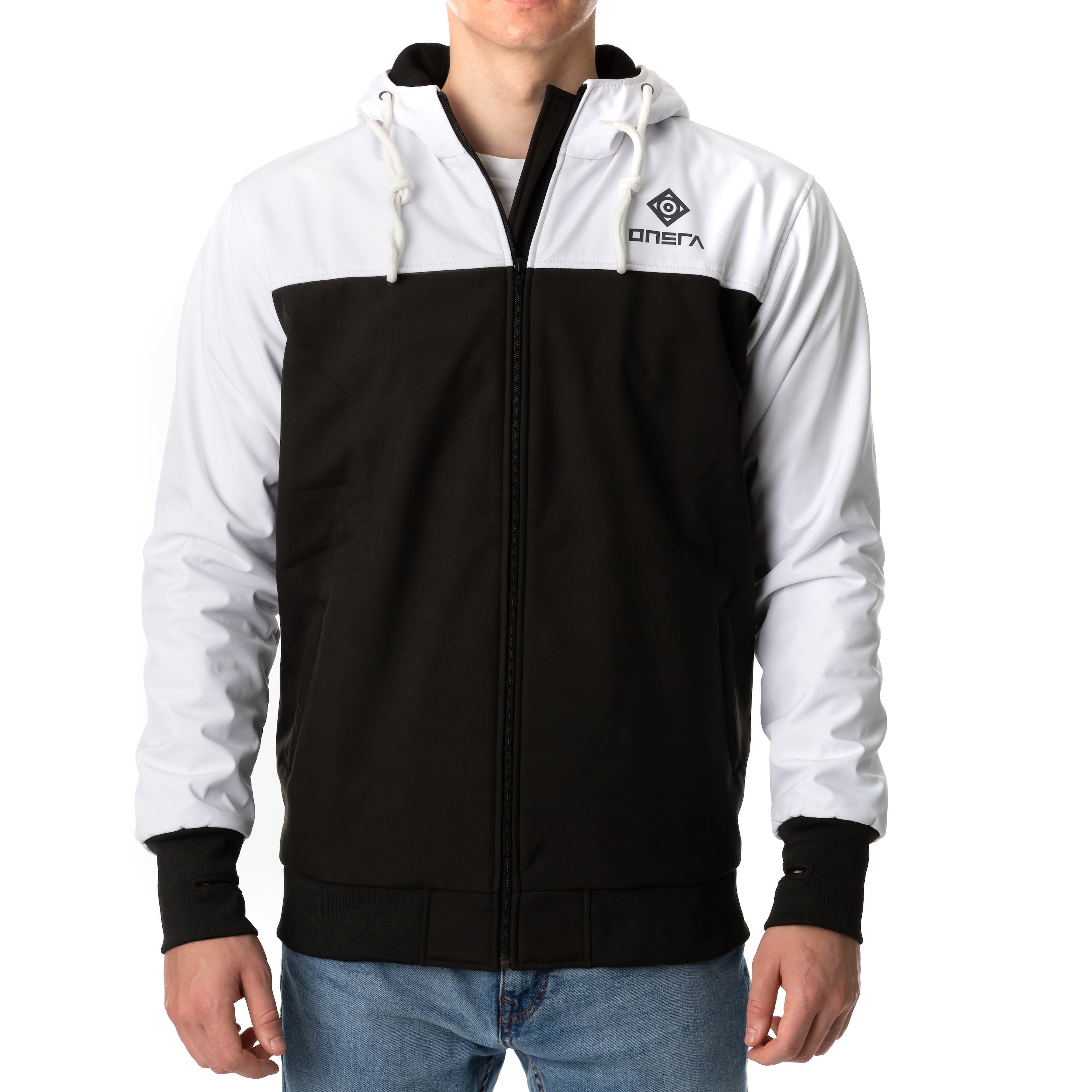 Kevlar armored motorcycle jacket in black and white with CE Level 2 protectors, designed for electric skateboard and motorcycle riders.