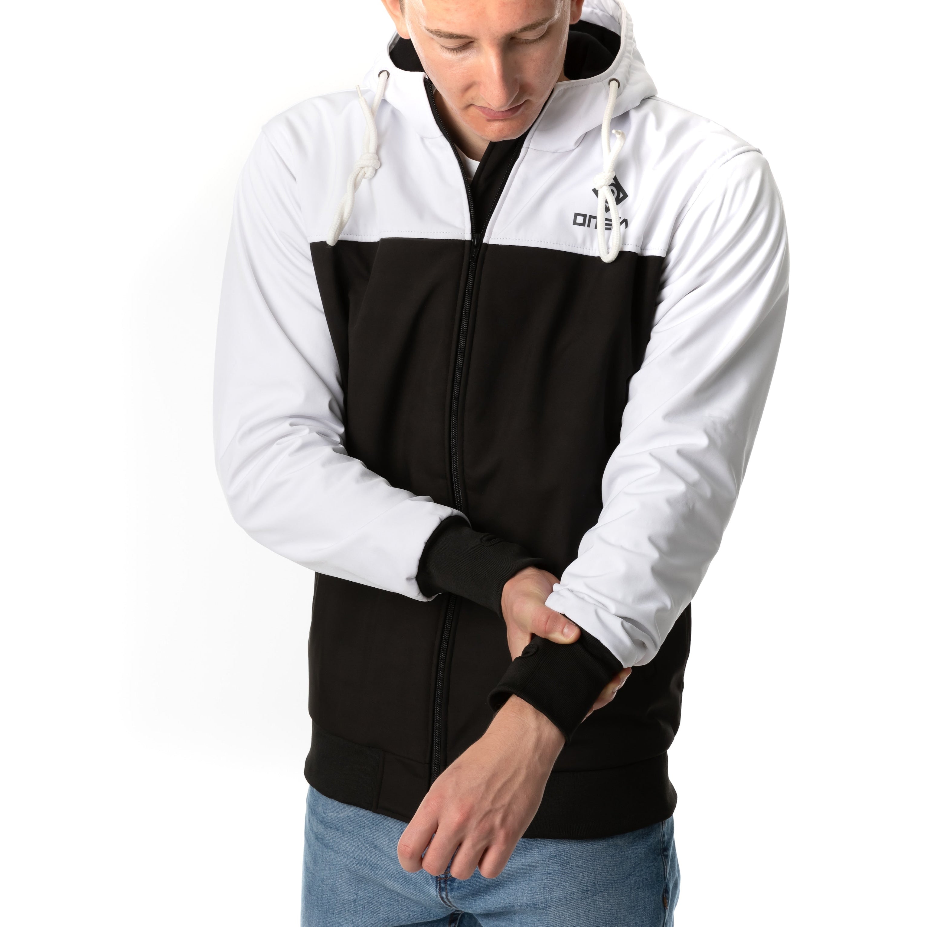 Kevlar armored motorcycle jacket in black and white with CE Level 2 protectors, designed for electric skateboard and motorcycle riders.