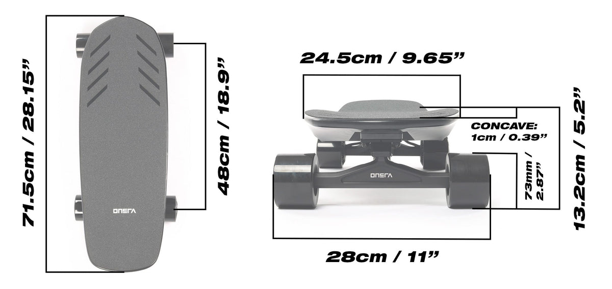 ZENO measurements: 71.5 cm long, 24.5 cm wide, 48 cm wheelbase