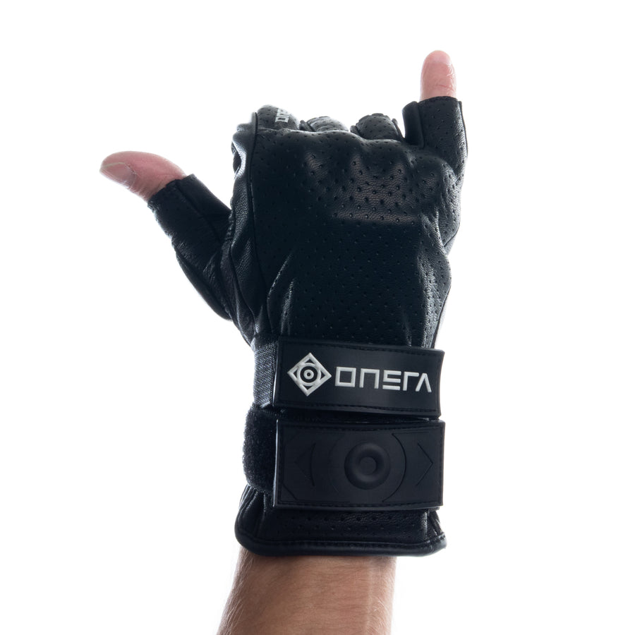 Black ONSRA short-finger glove with wrist guard and ONSRA logo, back of hand