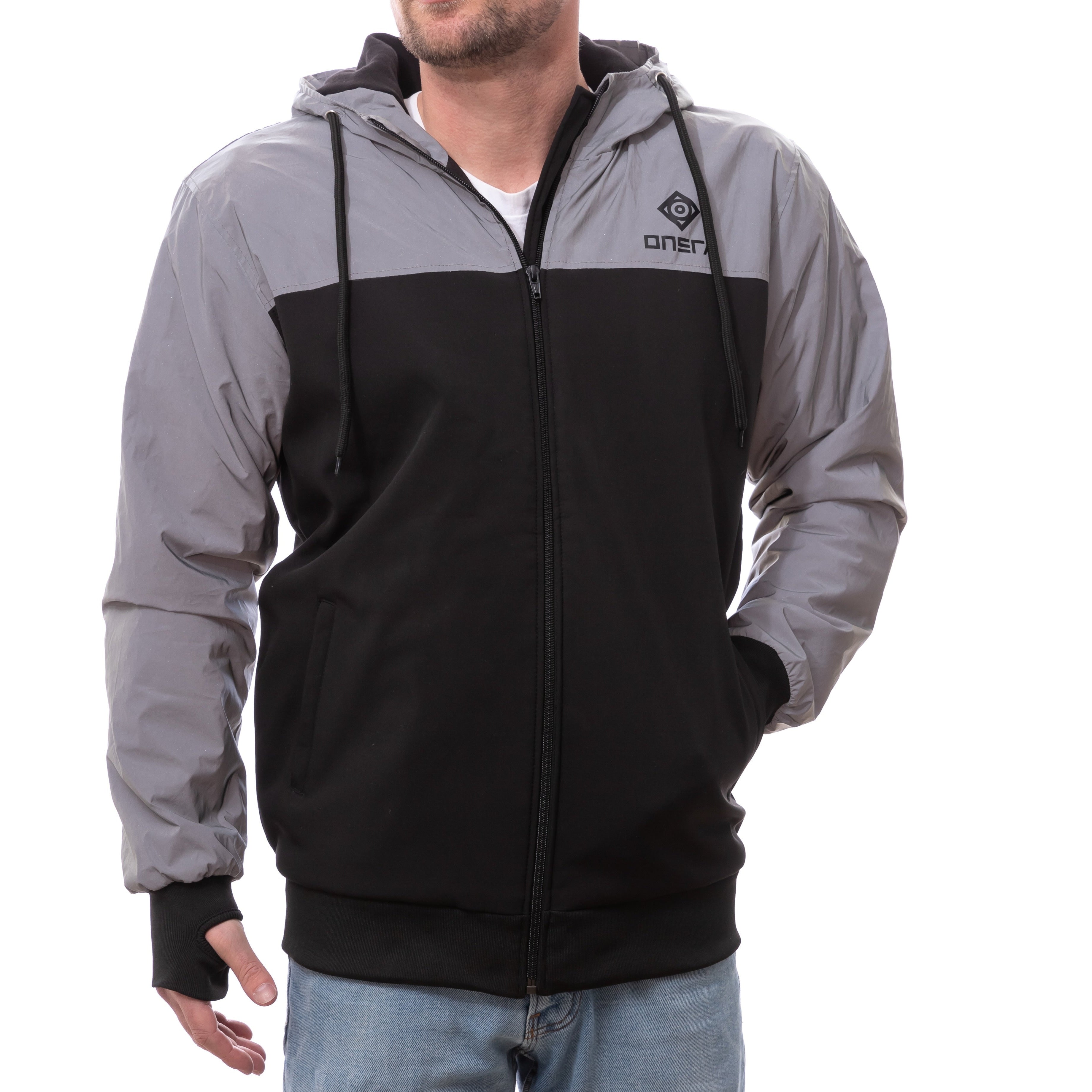 Kevlar armored motorcycle jacket in reflective grey and black with included CE Level 2 pads, designed for enhanced night visibility and full‑body protection.