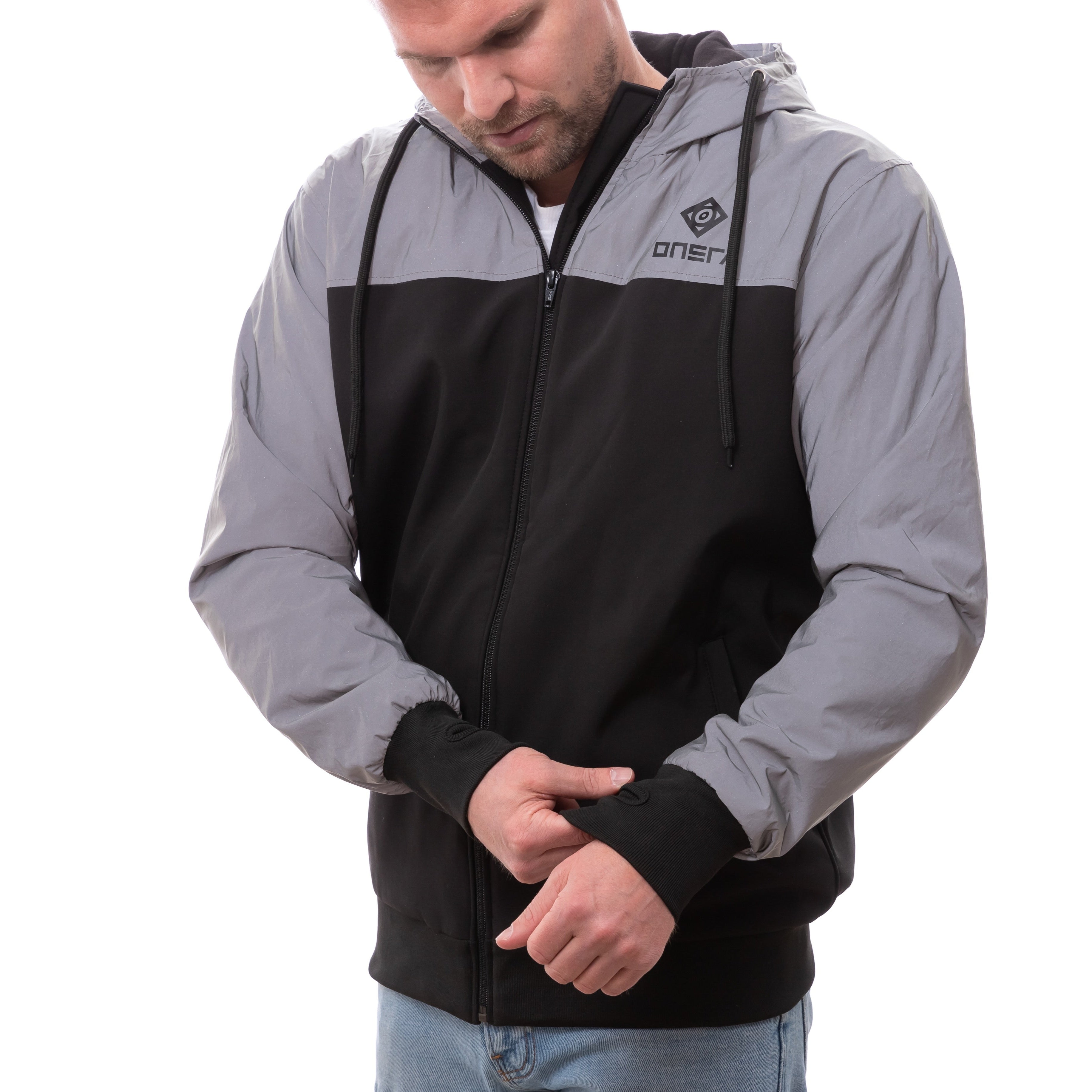Kevlar armored motorcycle jacket in reflective grey and black with included CE Level 2 pads, designed for enhanced night visibility and full‑body protection.