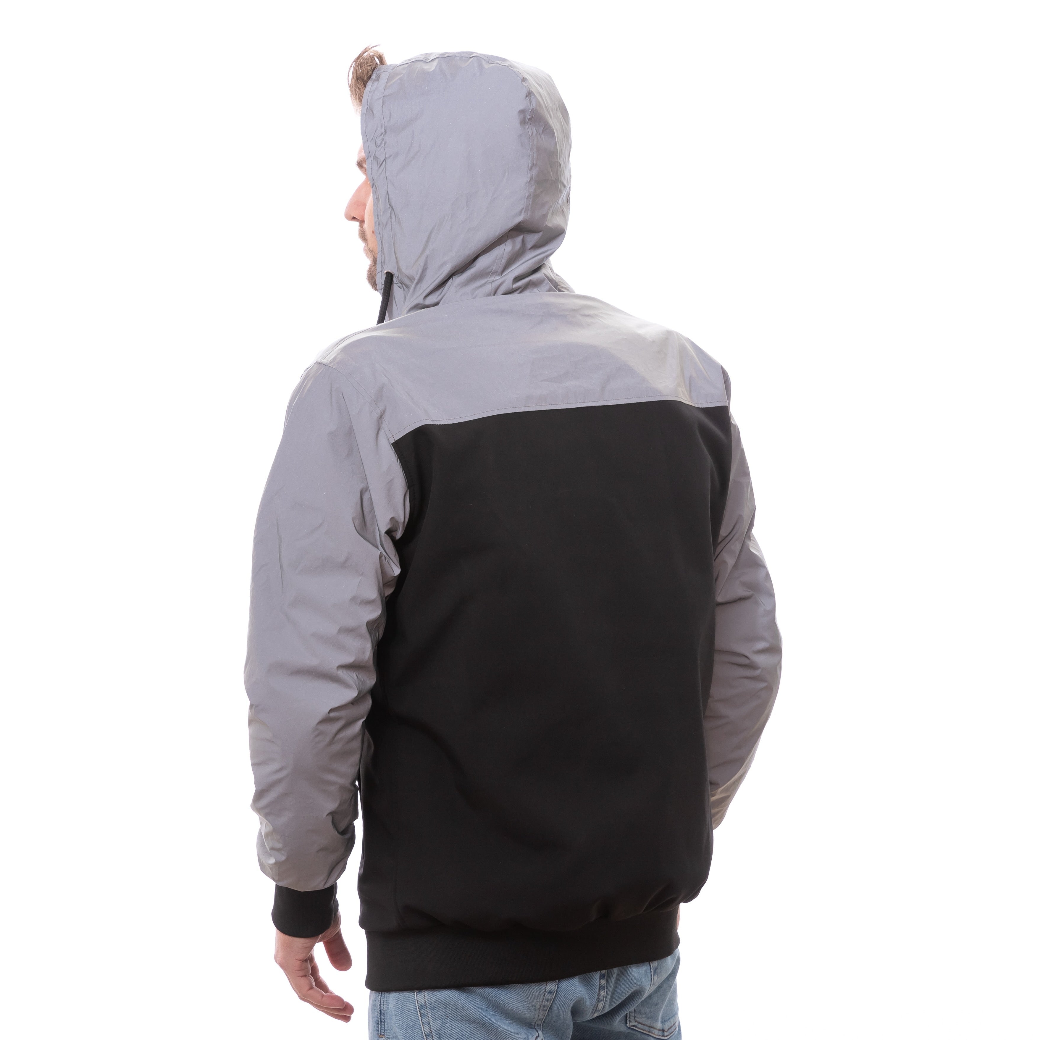 Kevlar armored motorcycle jacket in reflective grey and black with included CE Level 2 pads, designed for enhanced night visibility and full‑body protection.