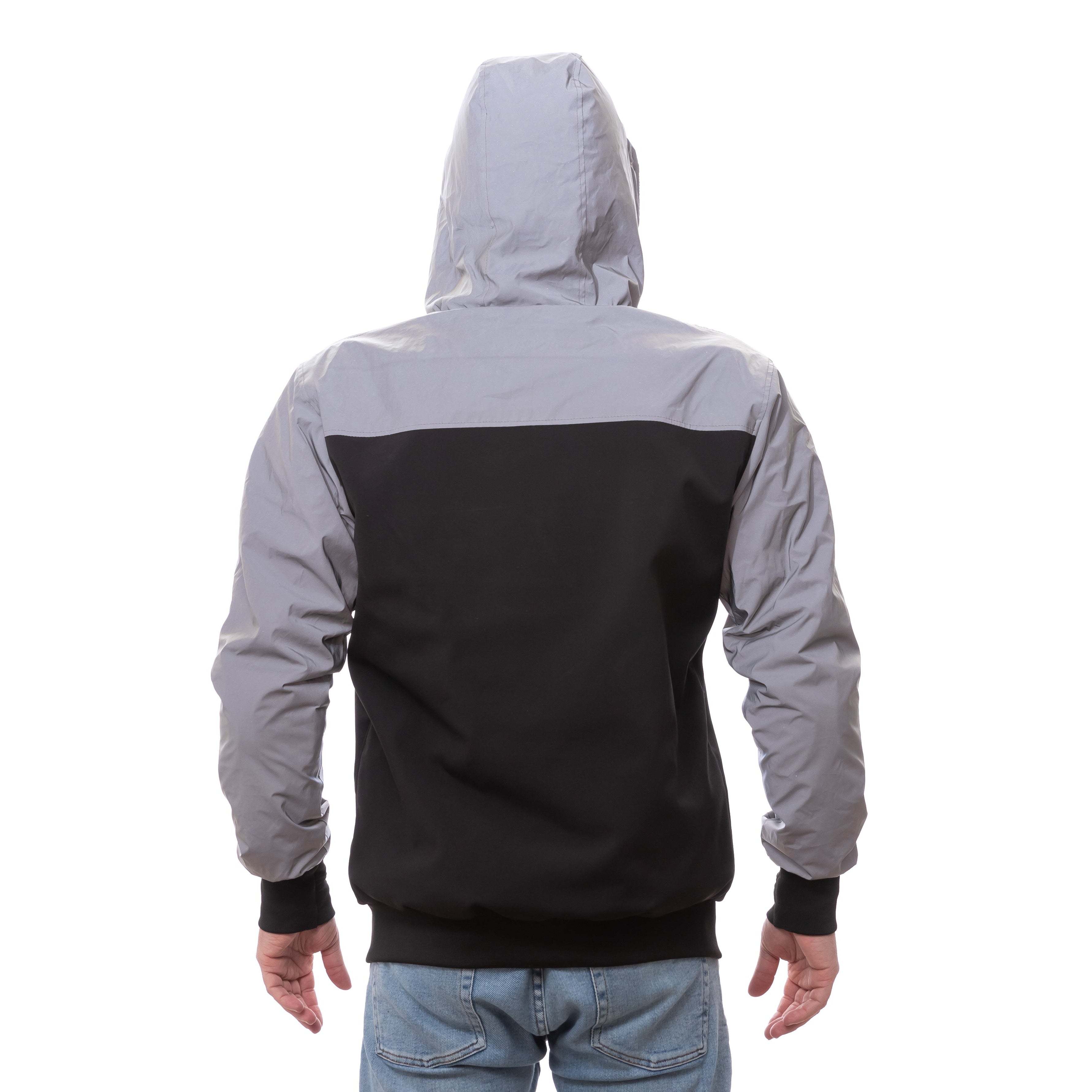 Kevlar armored motorcycle jacket in reflective grey and black with included CE Level 2 pads, designed for enhanced night visibility and full‑body protection.