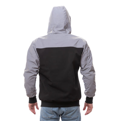 Kevlar armored motorcycle jacket in reflective grey and black with included CE Level 2 pads, designed for enhanced night visibility and full‑body protection.
