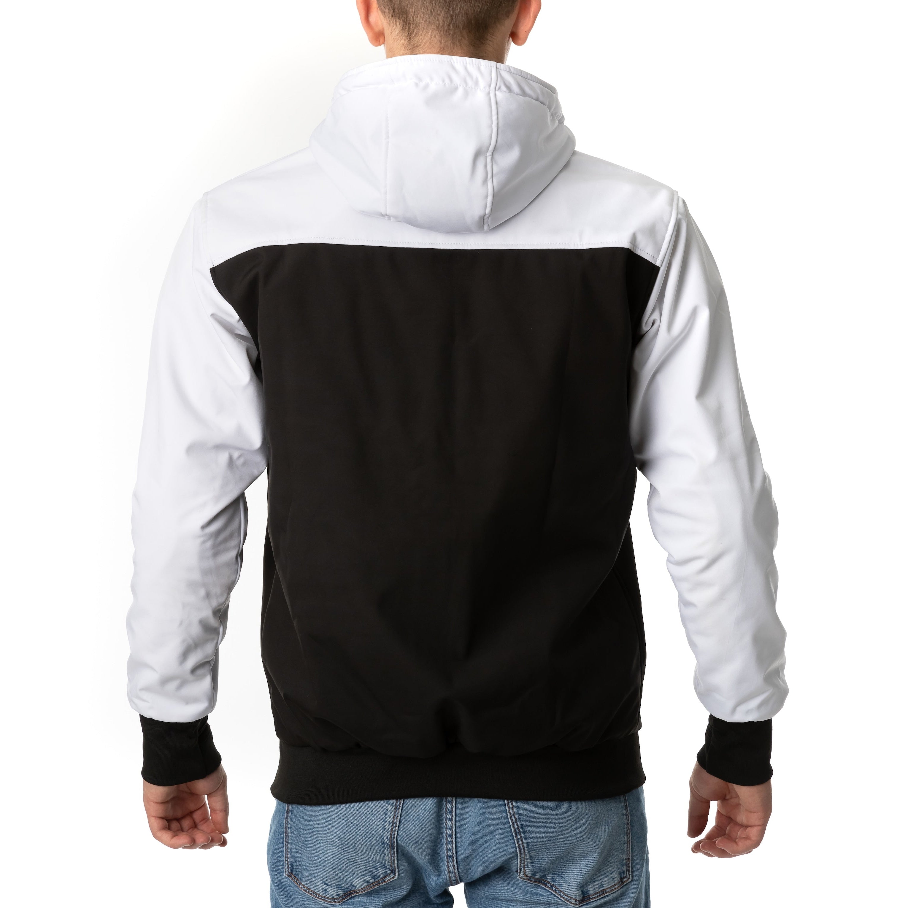 Kevlar armored motorcycle jacket in black and white with CE Level 2 protectors, designed for electric skateboard and motorcycle riders.