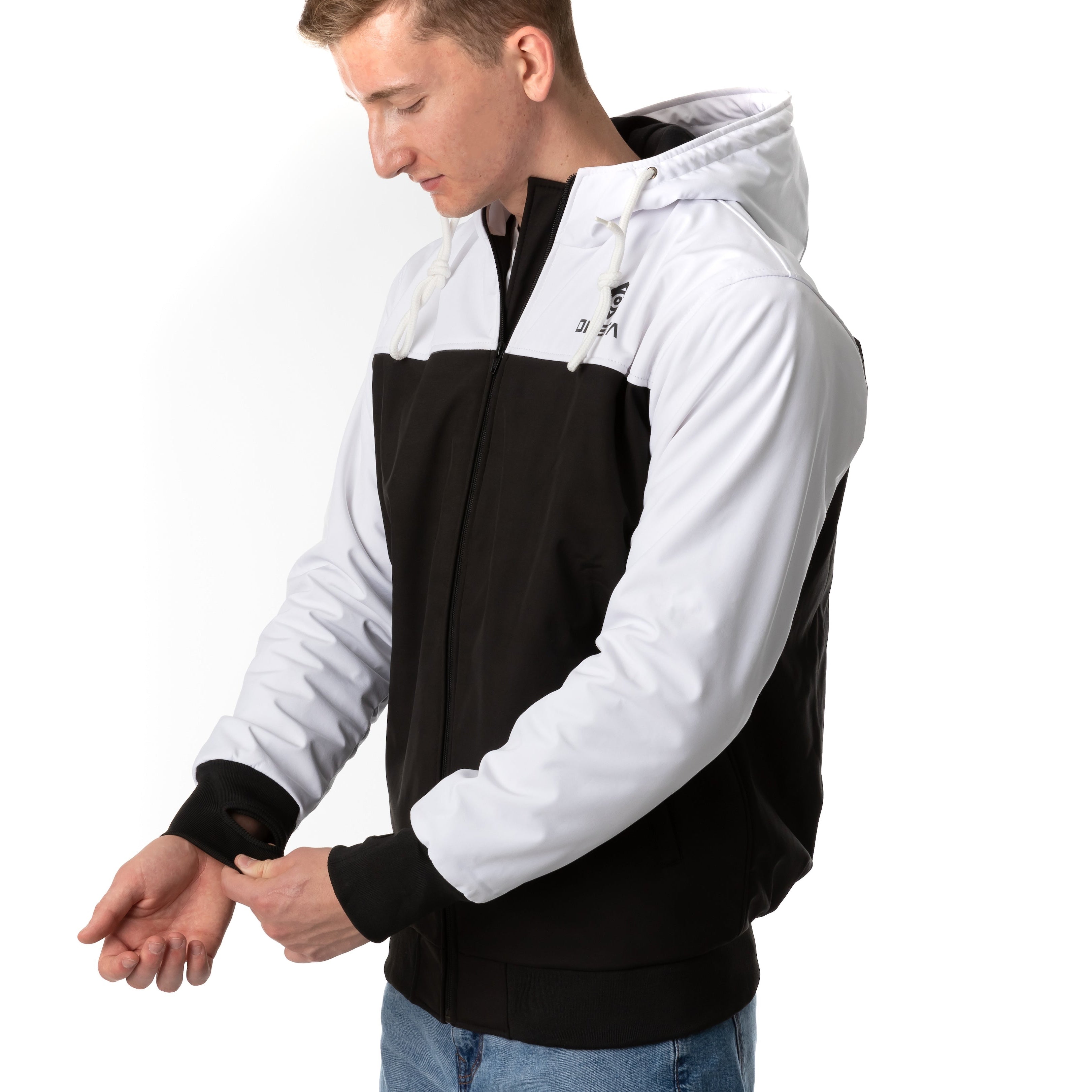 Kevlar armored motorcycle jacket in black and white with CE Level 2 protectors, designed for electric skateboard and motorcycle riders.