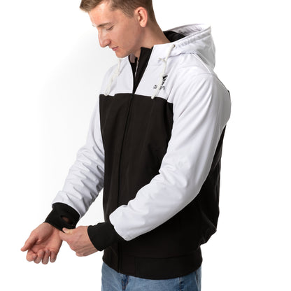 Kevlar armored motorcycle jacket in black and white with CE Level 2 protectors, designed for electric skateboard and motorcycle riders.