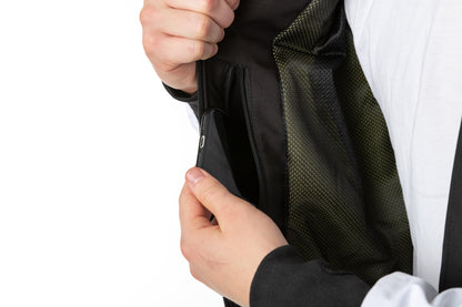 Kevlar armored motorcycle jacket in black and white with CE Level 2 protectors, designed for electric skateboard and motorcycle riders.