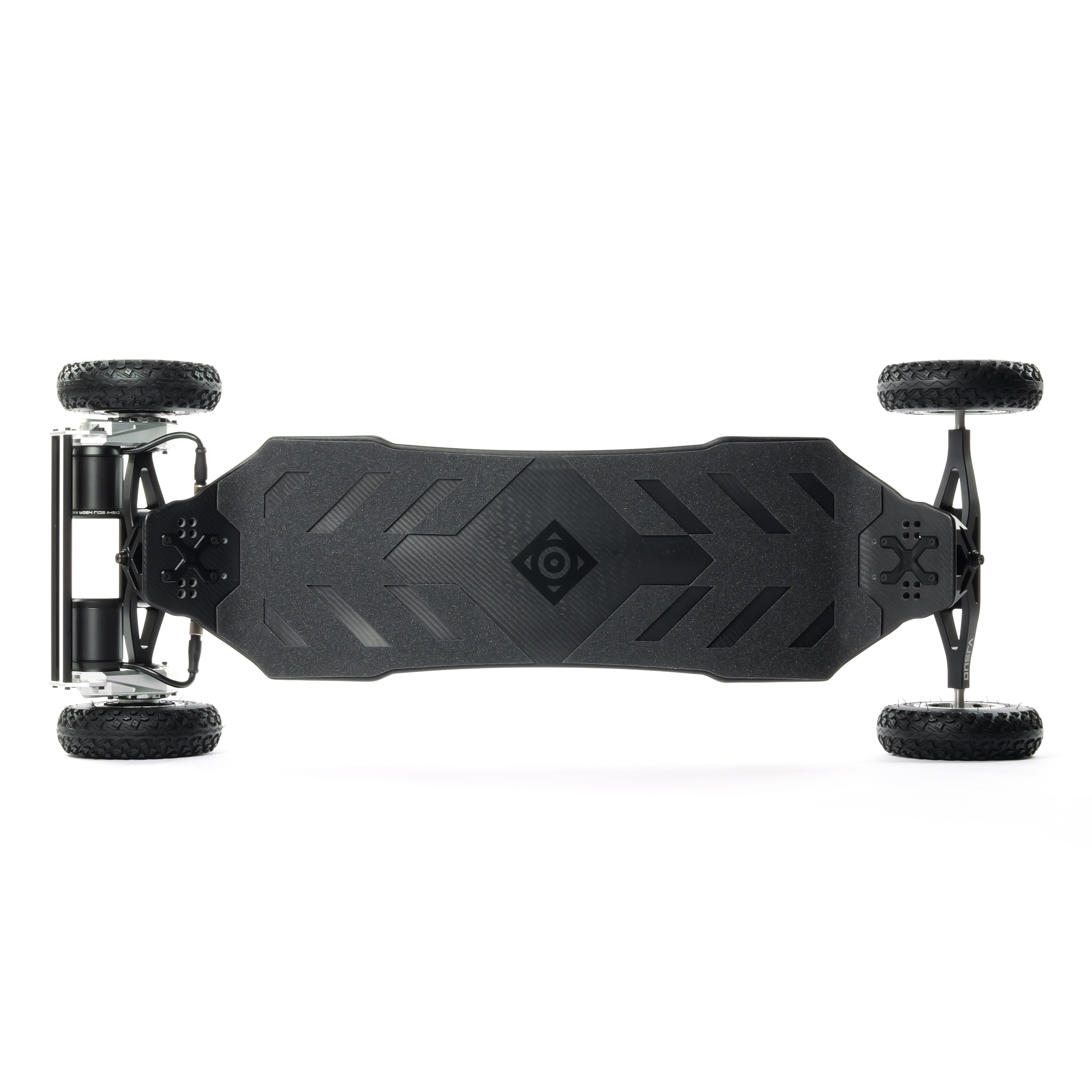 Black electric skateboard with visible brand logo on a white background