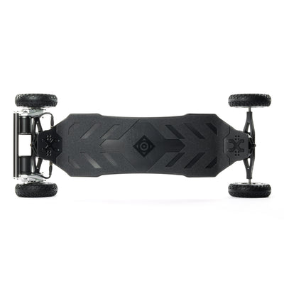 Black electric skateboard with visible brand logo on a white background