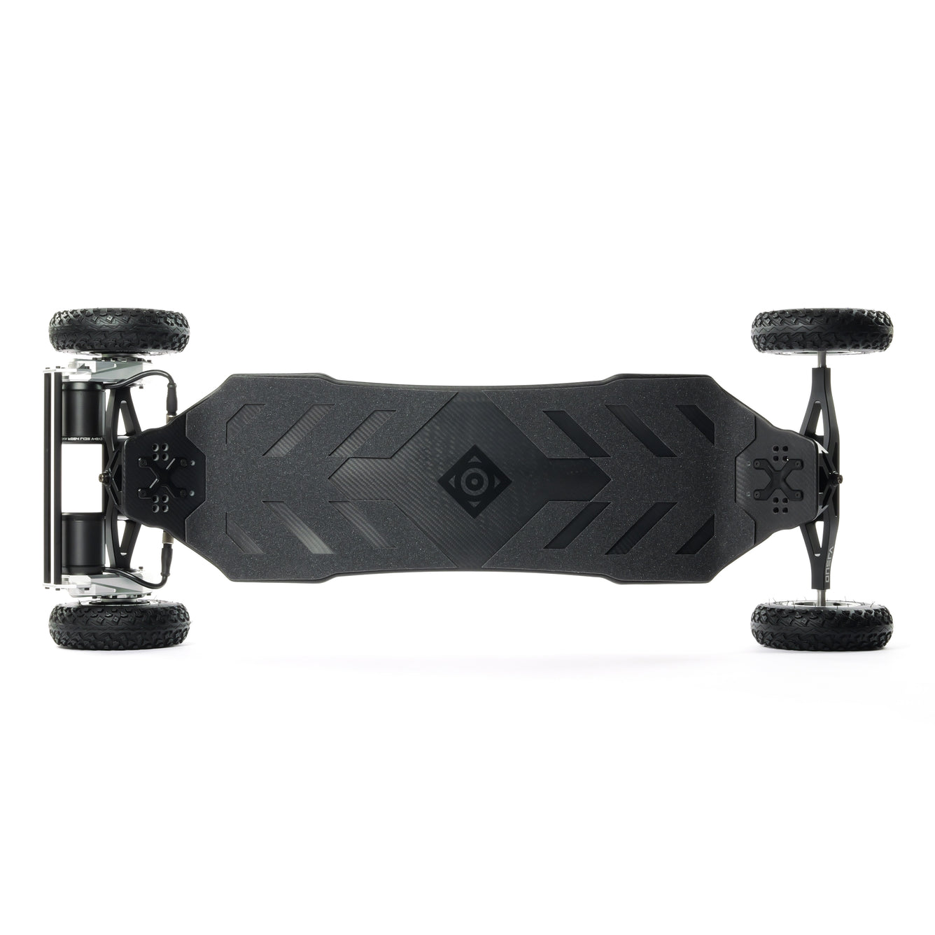 Black electric skateboard with visible brand logo on a white background