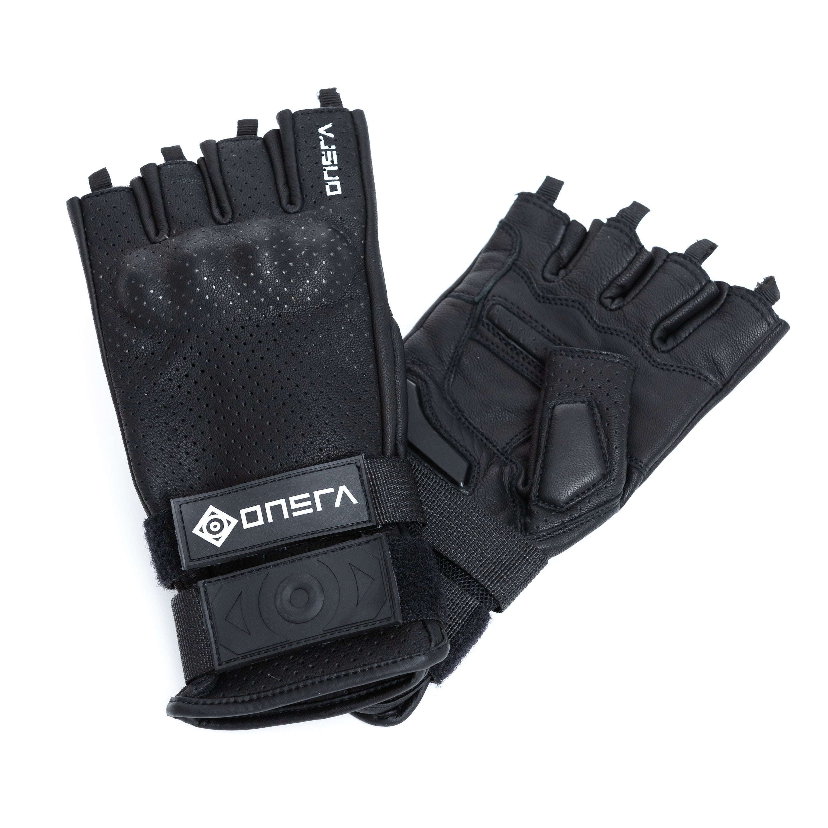 ONSRA Fingerless E-Skate Gloves with palm sliders, wrist protection, knuckle guards, and double wrist straps for electric skateboarders.